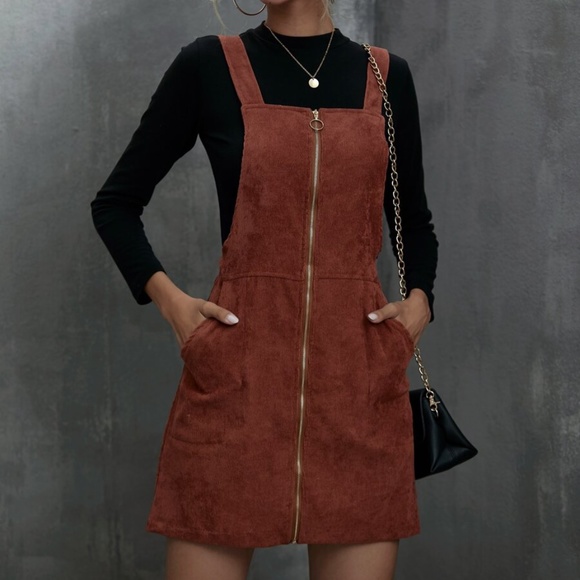 011 Boho Army Green corduroy Zipper Mini Dress - Picture 2 of 9